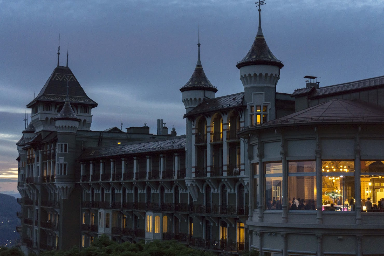 A shot of caux palace at night