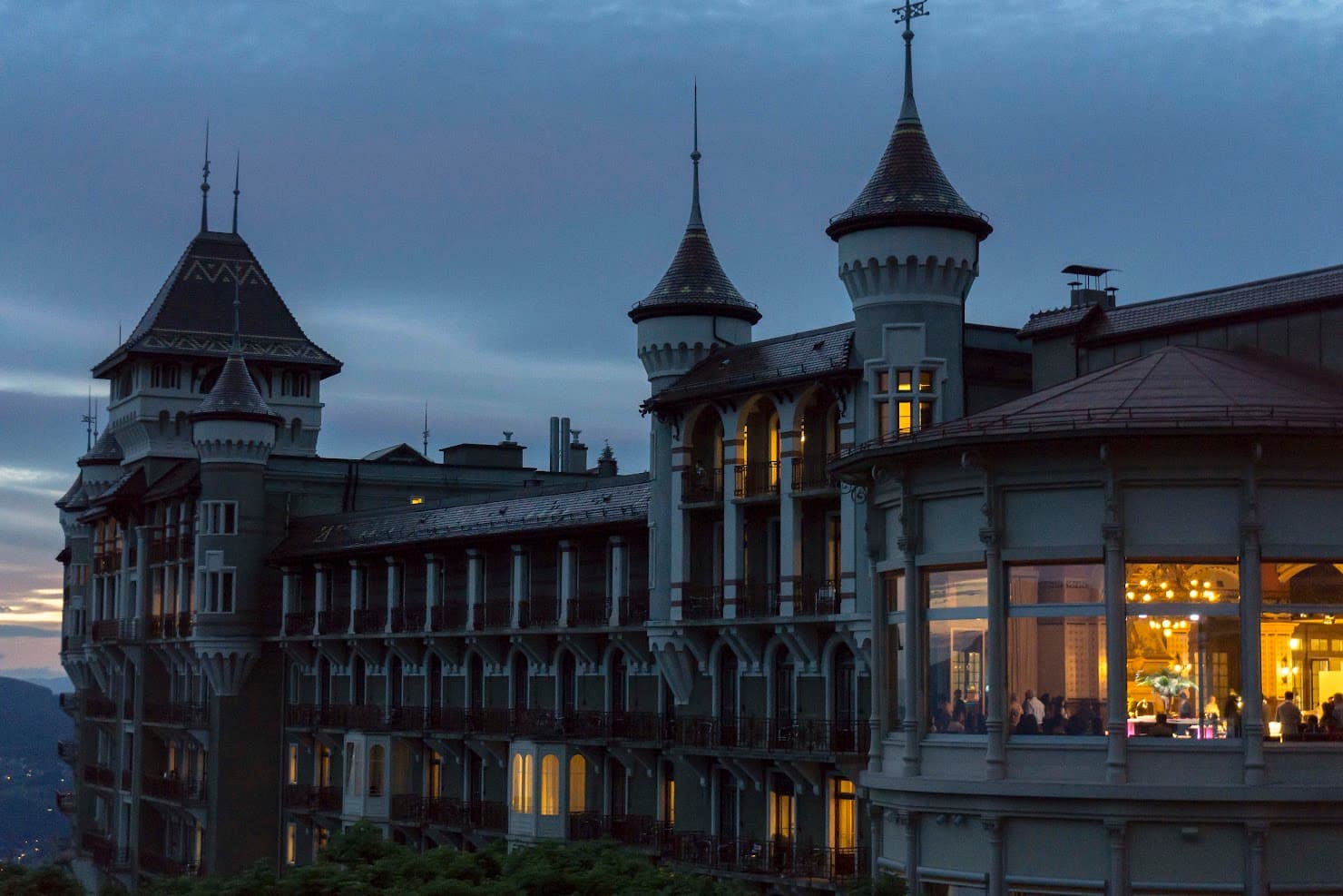 A shot of caux palace at night