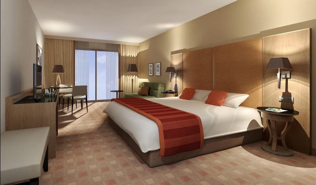 A well-lit clean room in a boutique hotel